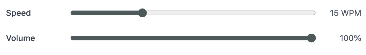 Audio settings panel of the Morse Code Translator with Speed, Frequency, Volume and Waveform controls