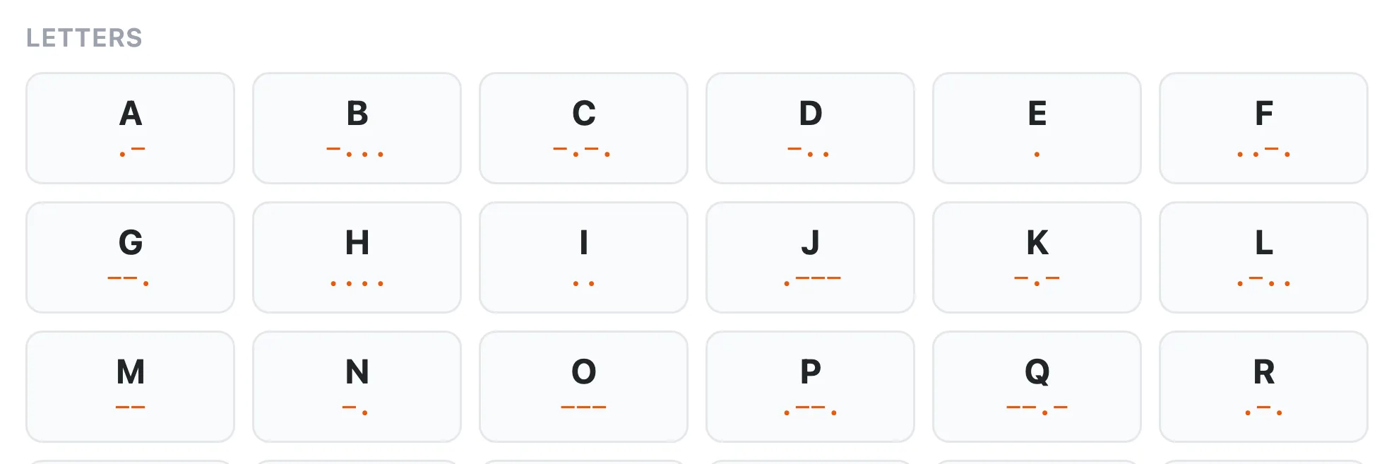 Built-in Morse code reference chart showing the letters A to Z with their dots and dashes