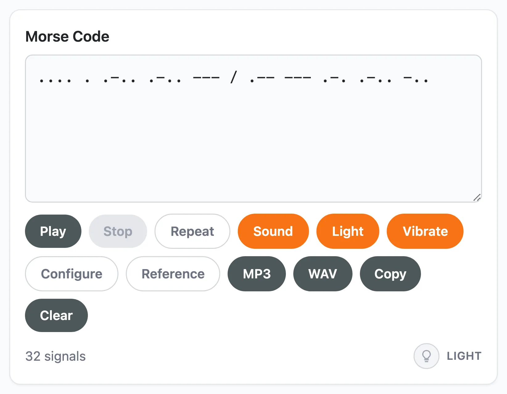 Morse Code Translator output box showing HELLO WORLD converted into dots and dashes
